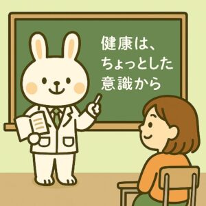 教室の黒板の前で、白衣姿のうさぎキャラクター・みどりんが『健康は、ちょっとした意識から』と書かれた言葉を指し示し、椅子に座ったすずちゃんが笑顔で話を聞いているイラスト